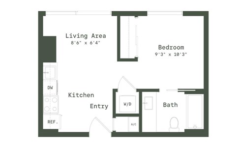 Floor plan for studio, 1 bath, 415 sqft